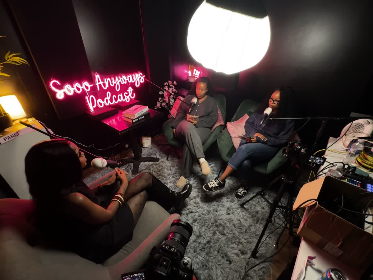 A wide behind-the-scenes view of our recording session, cameras and microphones